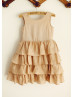 Tan Linen Knee Length Flower Girl Dress